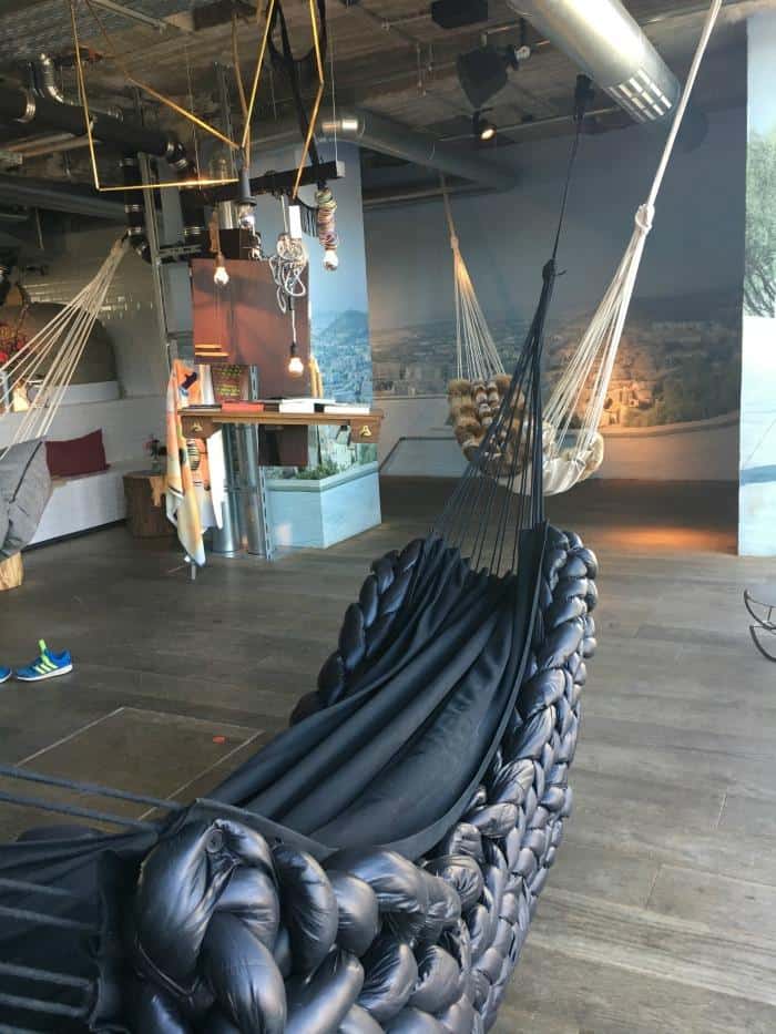 hammocks inside the reception of 25hours hotel bikini berlin