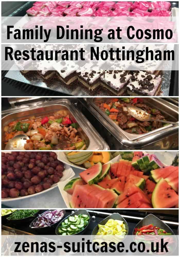 Text title with several examples of food available from Cosmo Restaurant 