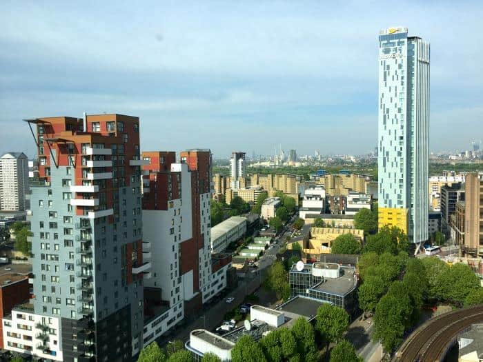 view from exec lounge at Hilton Hotel London Canary Wharf over London morning 