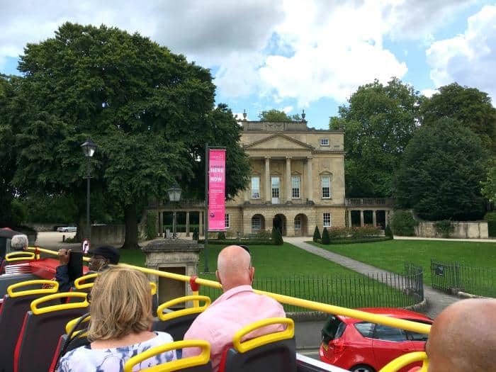 view from open top Bath city bus tour looking at bath museum