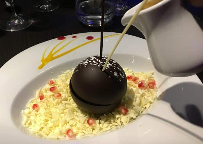 chocolate caramel sphere and salted caramel sauce