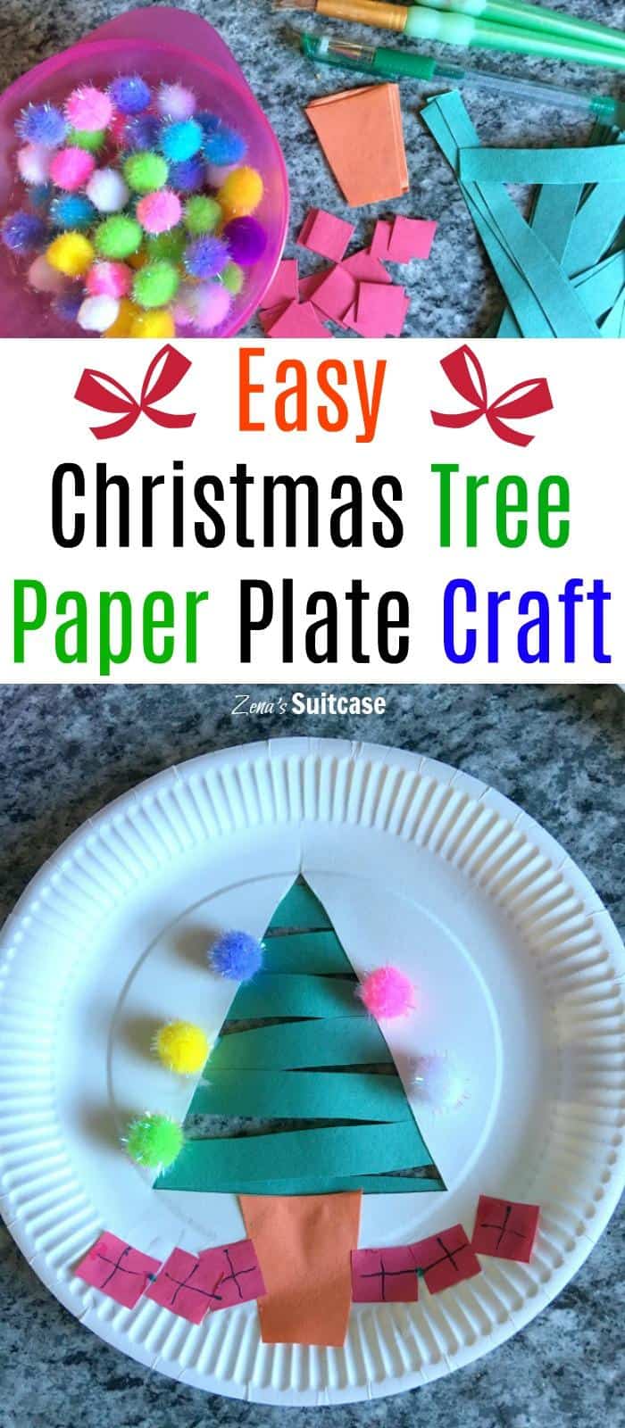Easy Christmas Tree paper plate craft for kids. Easy decorating craft for young children that includes sticking and decorating for a lovely festive craft activity #Christmastreecraft #Christmascraft #paperplatecraft
