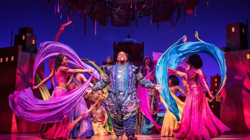 Aladdin - genie and dancers at Prince Edward Theatre london during our London theatre break