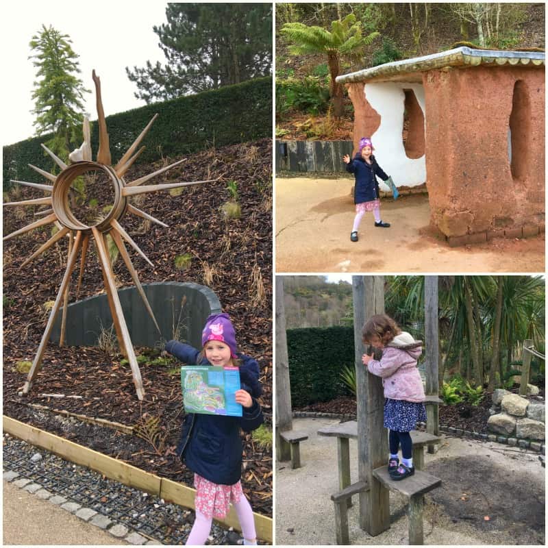 3 images of children exploring sculptures, climbing frames and buildings at eden project cornwall 