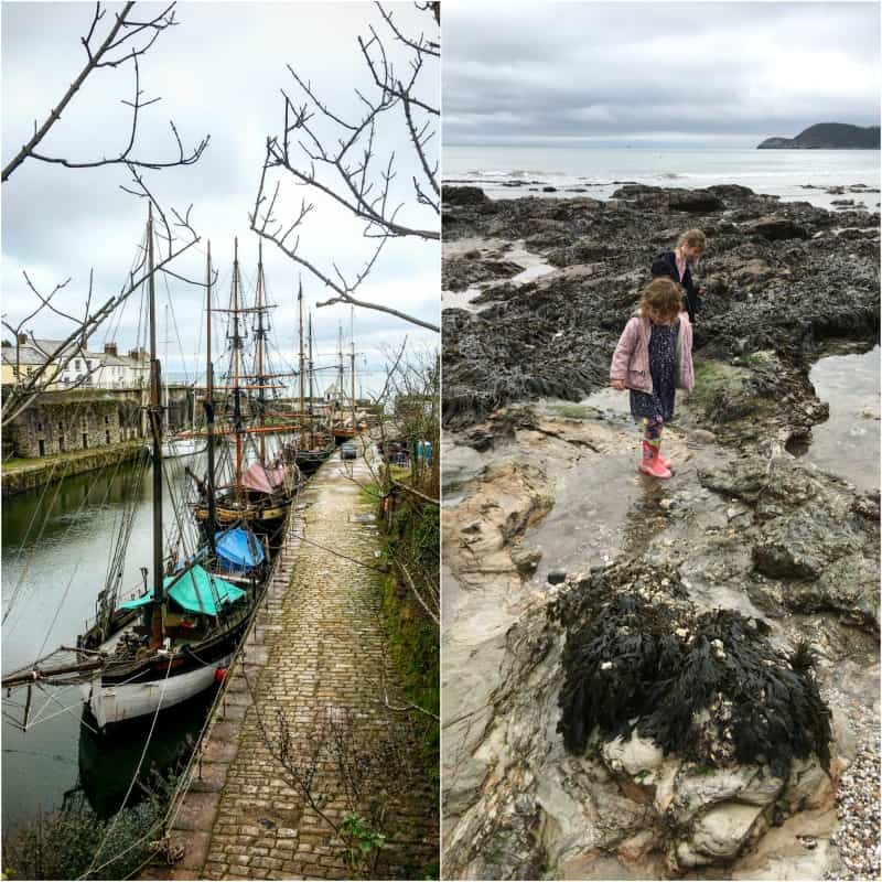 first picture of tall ships in Charleston Harbour and second picture of children playing on Charleston beach in Cornwall