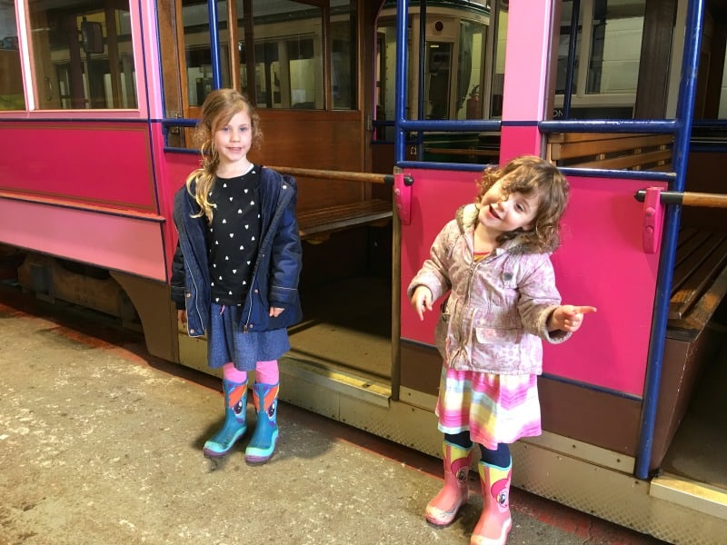 kids with pink tram seaton tramway devon