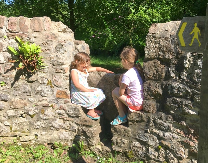 children sitting on a wall near footpath surrounded by trees 