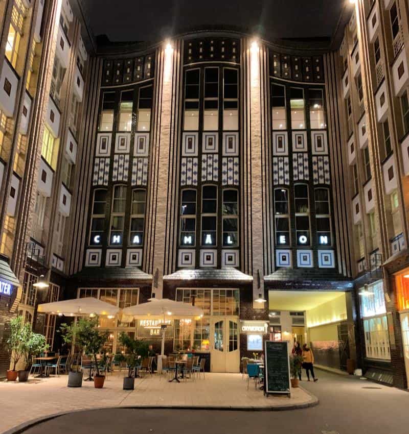 outside Chamäleon Theatre at night in hackesche höfe Berlin
