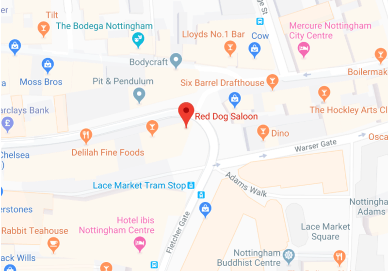 Google Map of location of Red Dog Saloon Nottingham