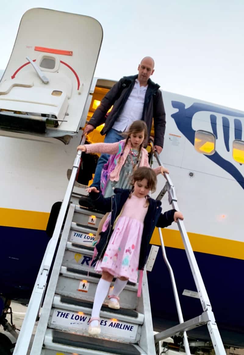 family arriving on ryanair plane to agadir airport