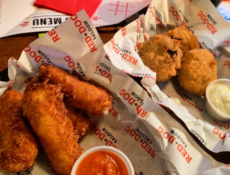 mozzarella sticks and beef brisket croquettes starters at red dog saloon 