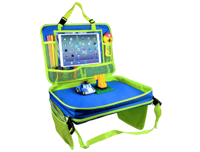 blue and green travel toy tray for kids with toys and tablets