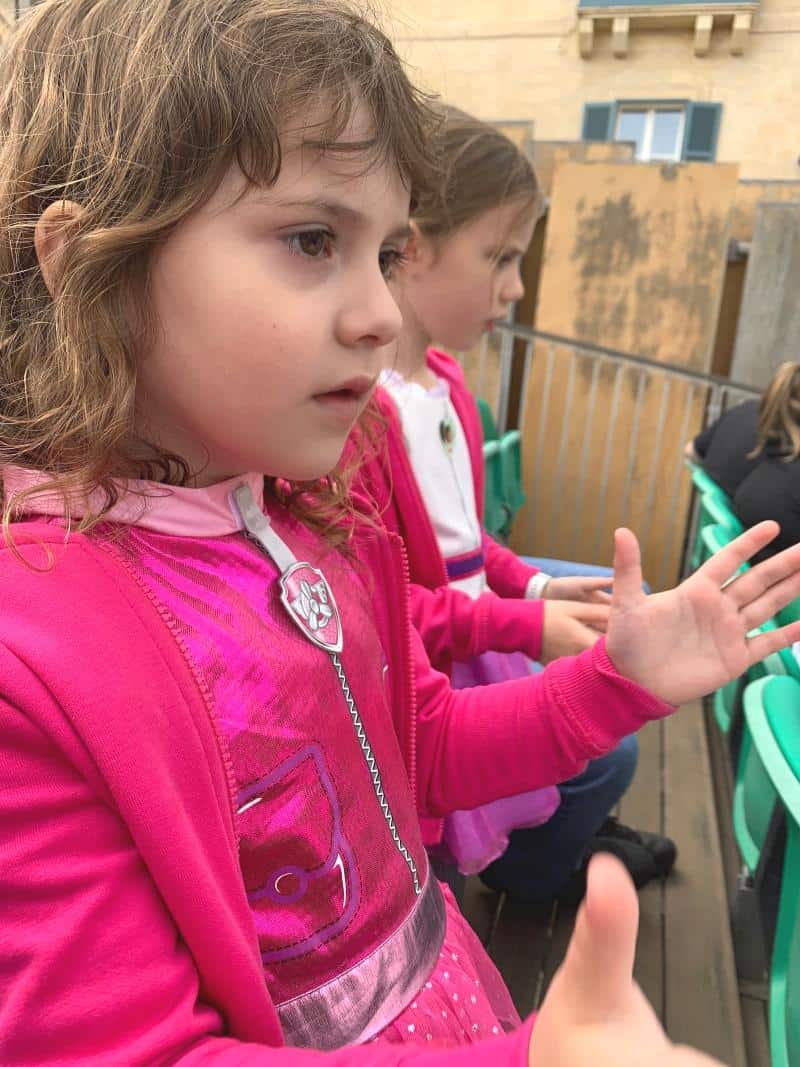 child at live show in Valletta wearing pink skye paw patrol dress