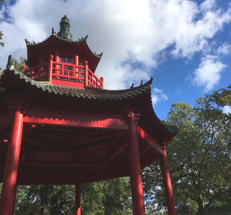 red chinese pagoda in panda garden at berlin zoo