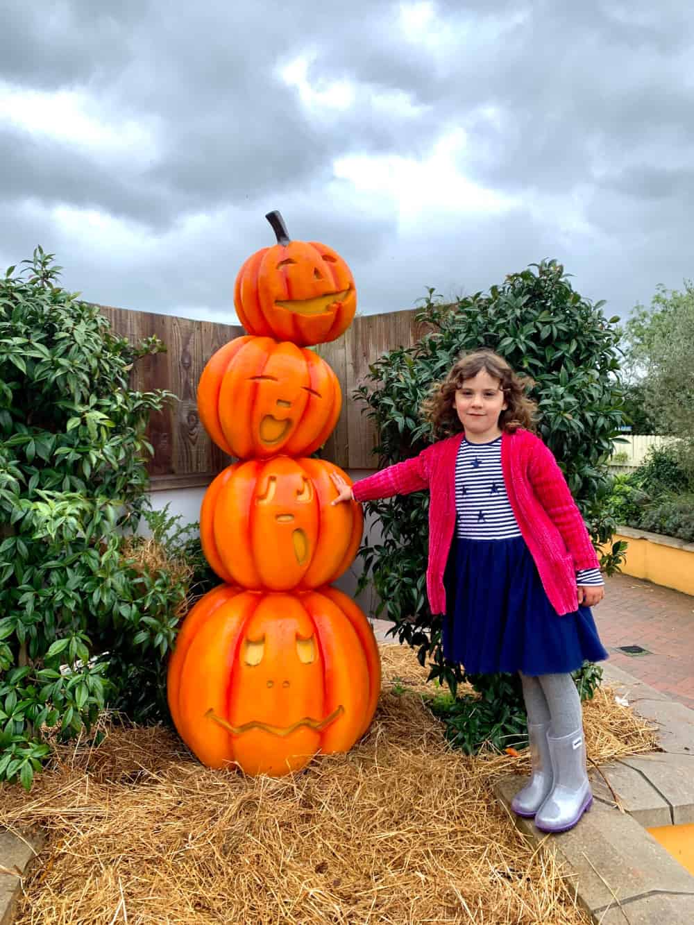 child with pumpkin decorations at crealy