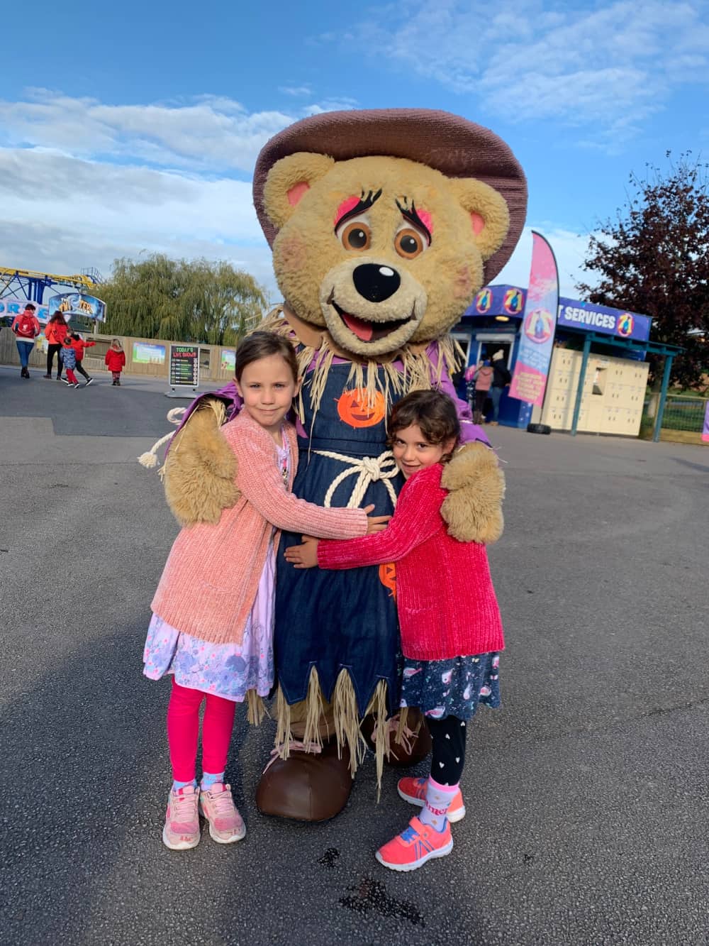 children with blossom bear at crealy theme park