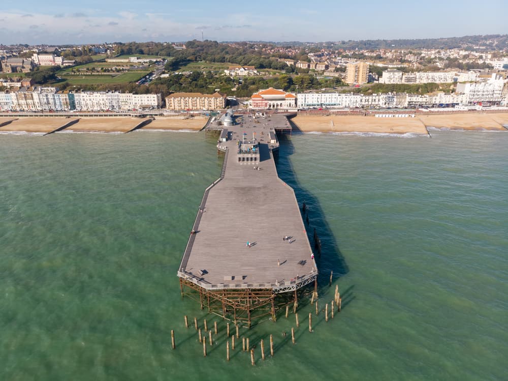 Hastings UK, 10-16-18 - Aerial view of Hastings Pier