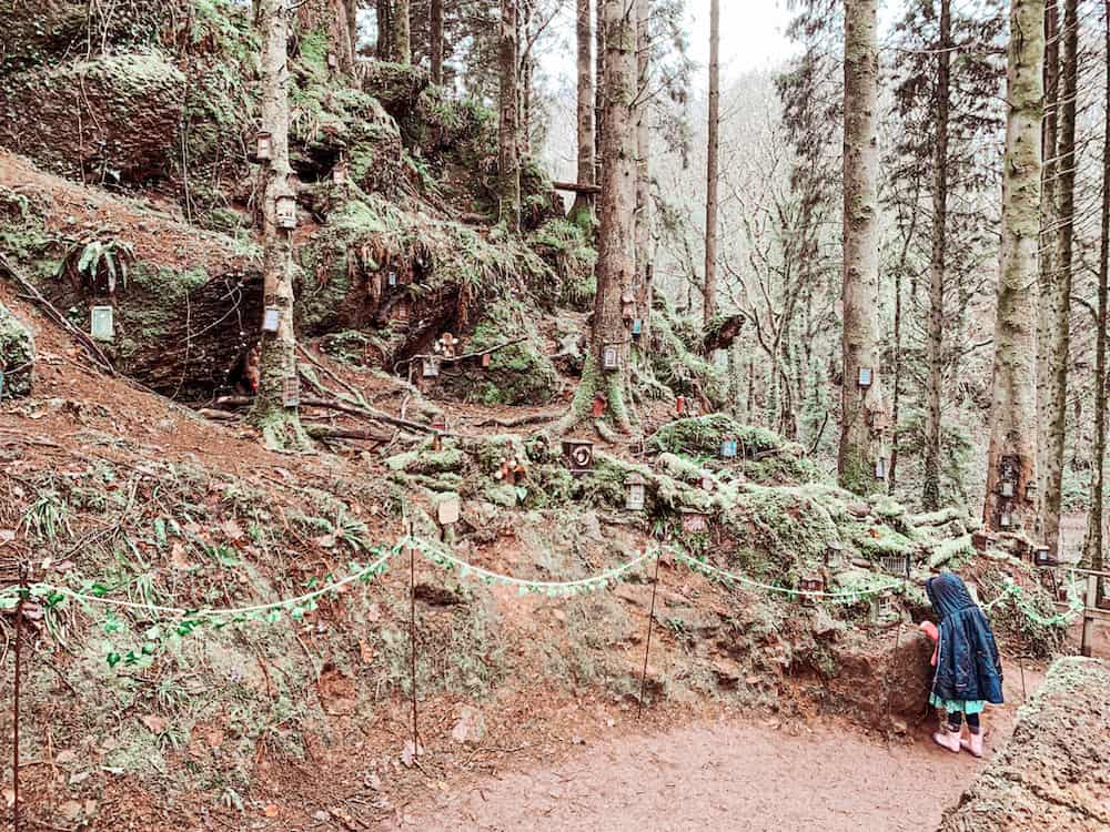 child looking at fairy houses 