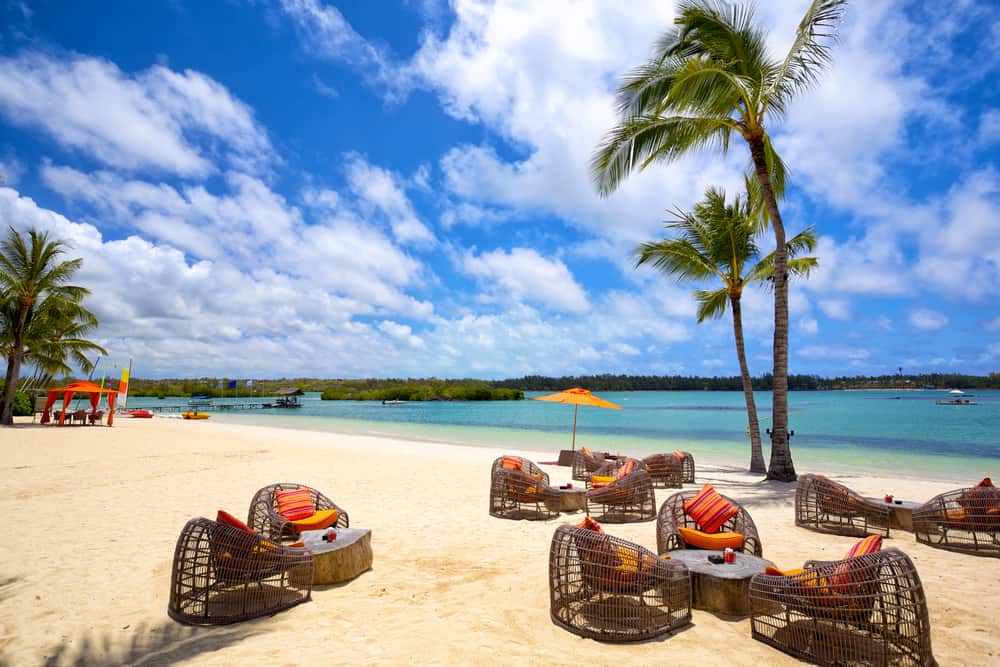 Relax area on tropical sandy beach in Mauritius Island