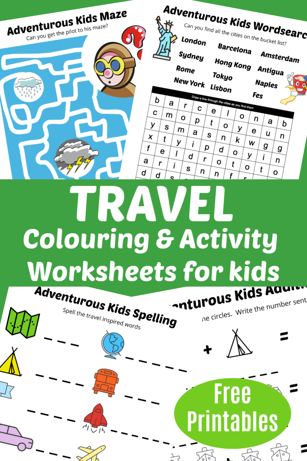 Free Travel Themed Kids Colouring & Activity Pages - Free Printable Downloads. Pin to your kids activity board now