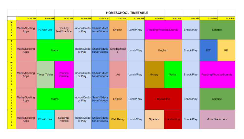 Homeschool timetable for UK kids year 1 and year 3