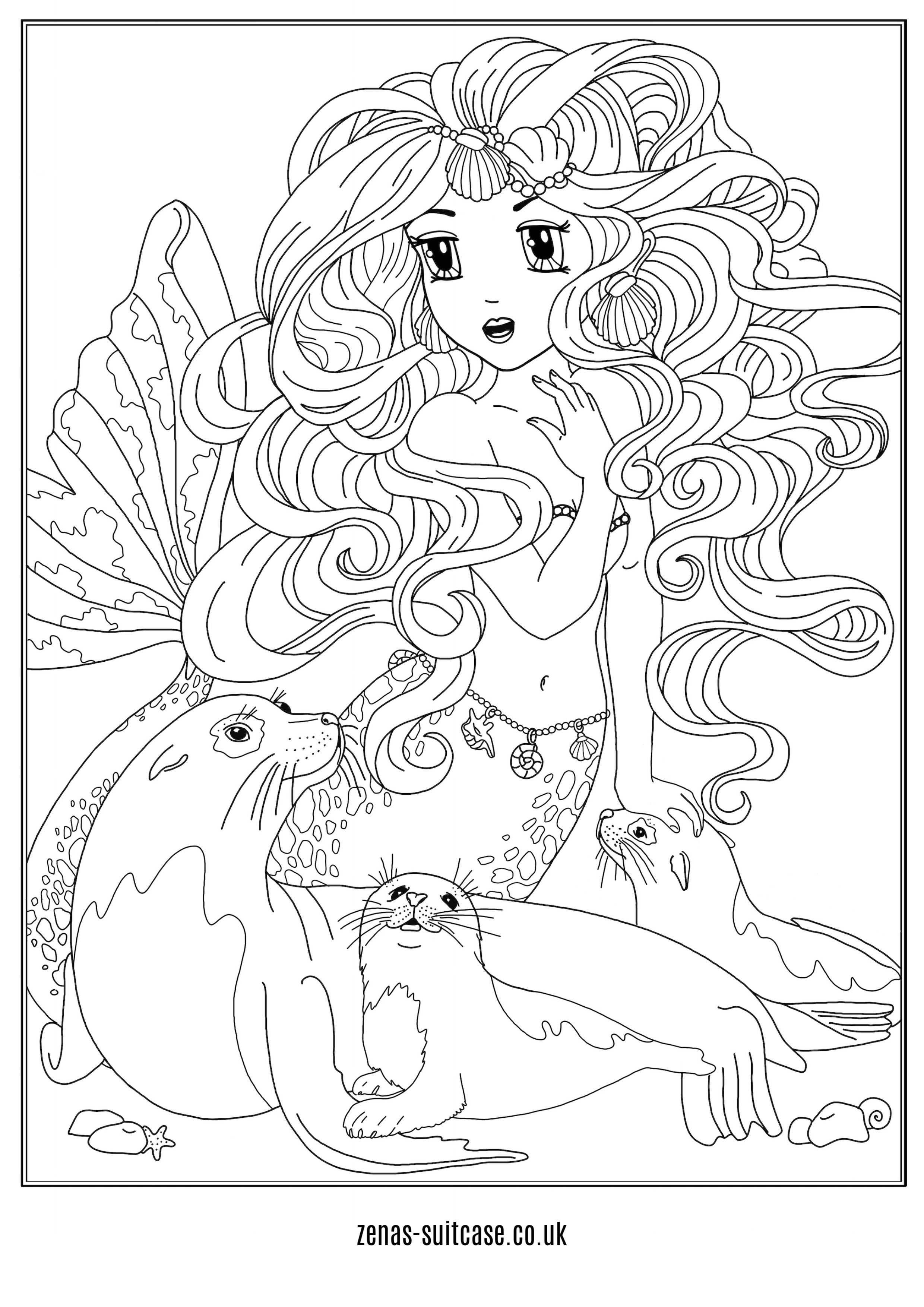 Ocean Colouring Page Mermaid Seals