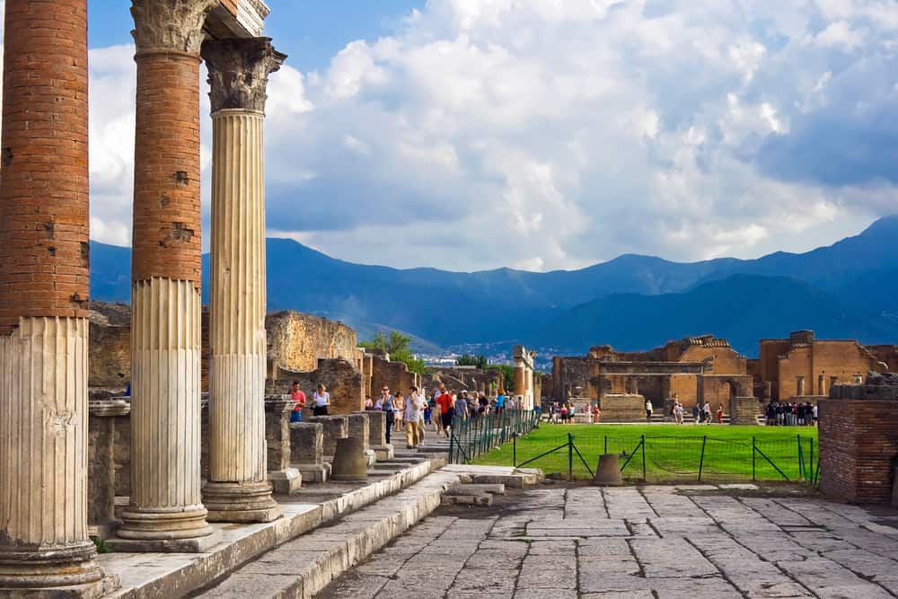 Ancient columns ruins after the eruption of Vesuvius in Pompeii, Italy