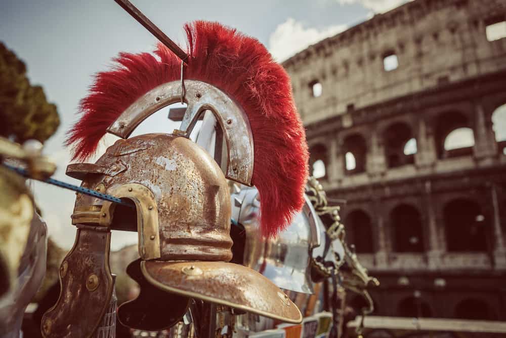 Roman Centurion Soldier Helmets in front of the Coliseum