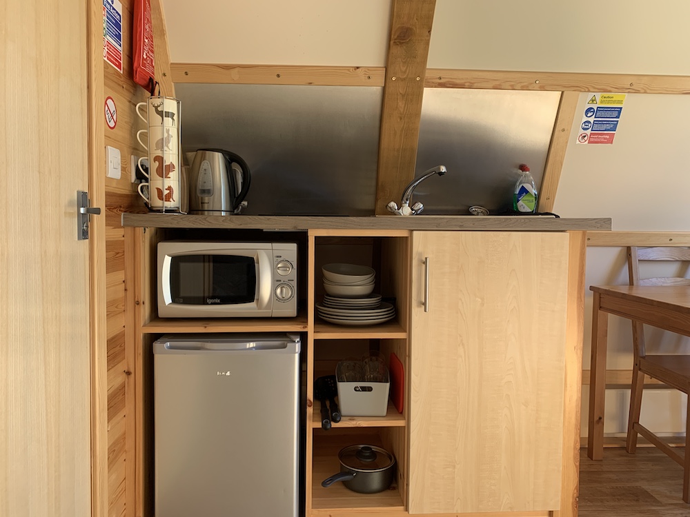 kitchen inside glamping pod 