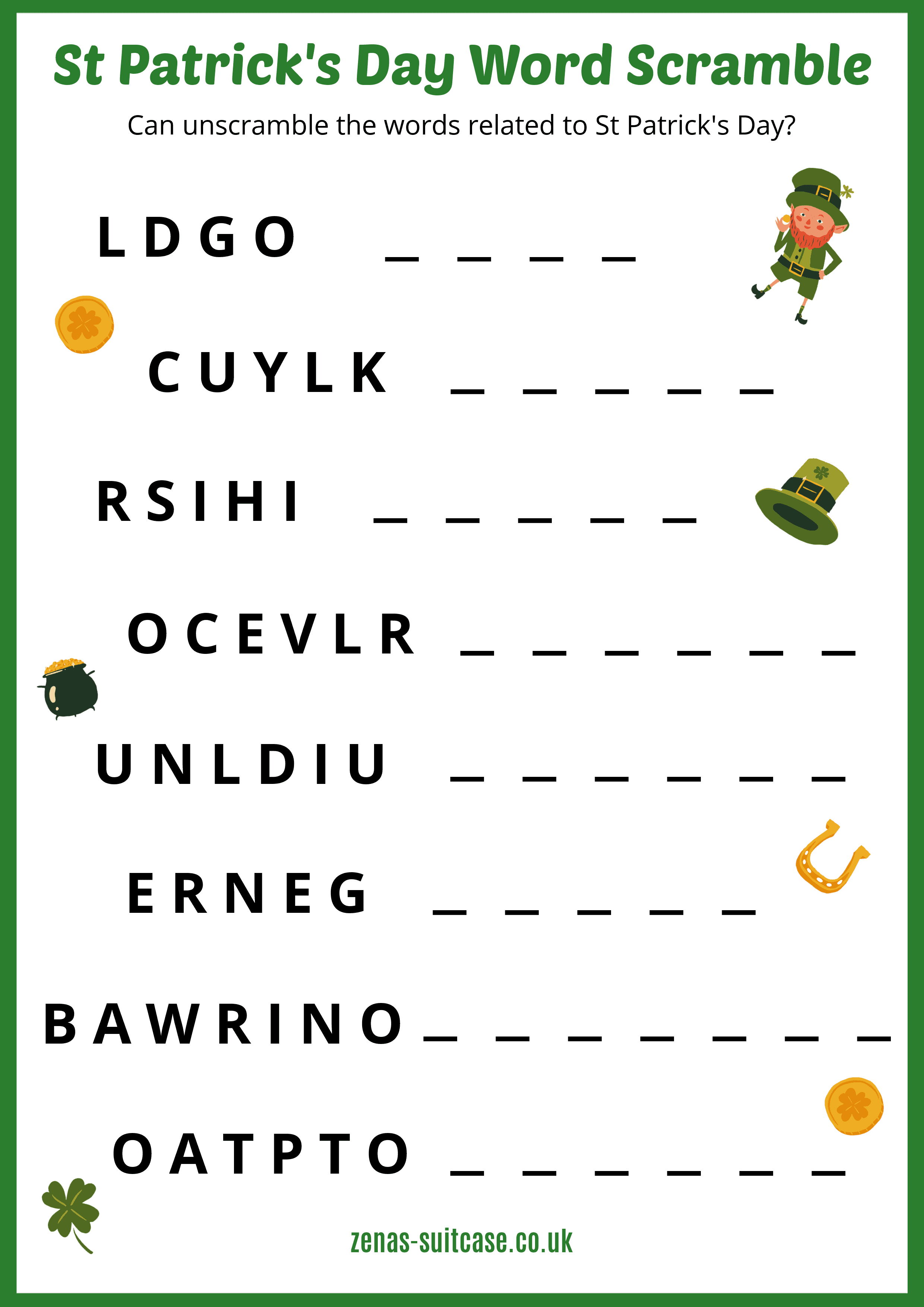 Kids Word Scramble St Patrick's Day