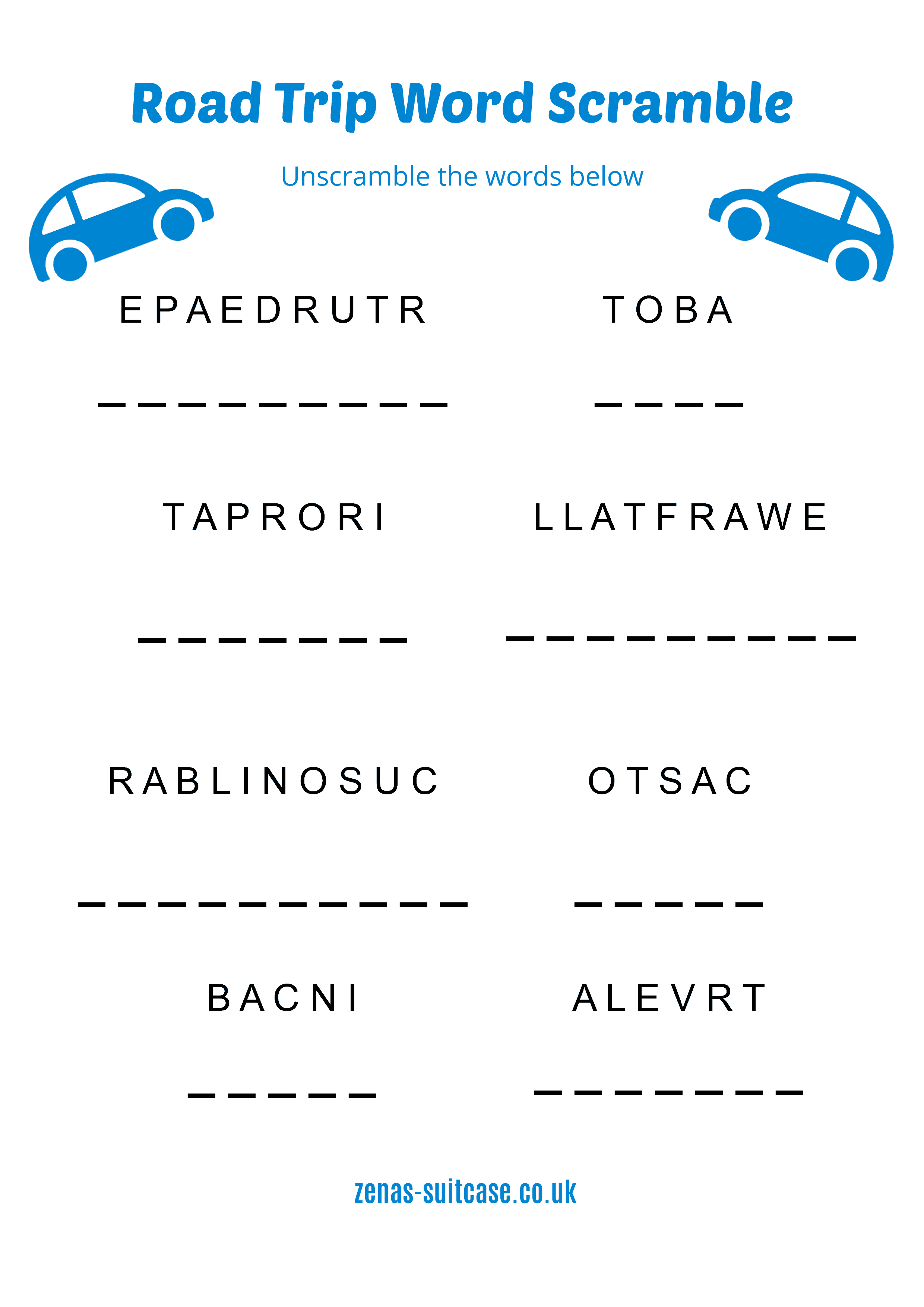 Road trip word scramble