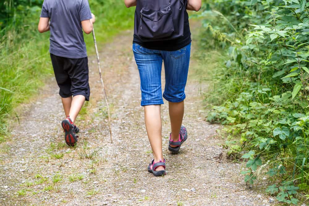 woman walking with son cross country and trail in summer forest, rear view both wearing hiking sandals 