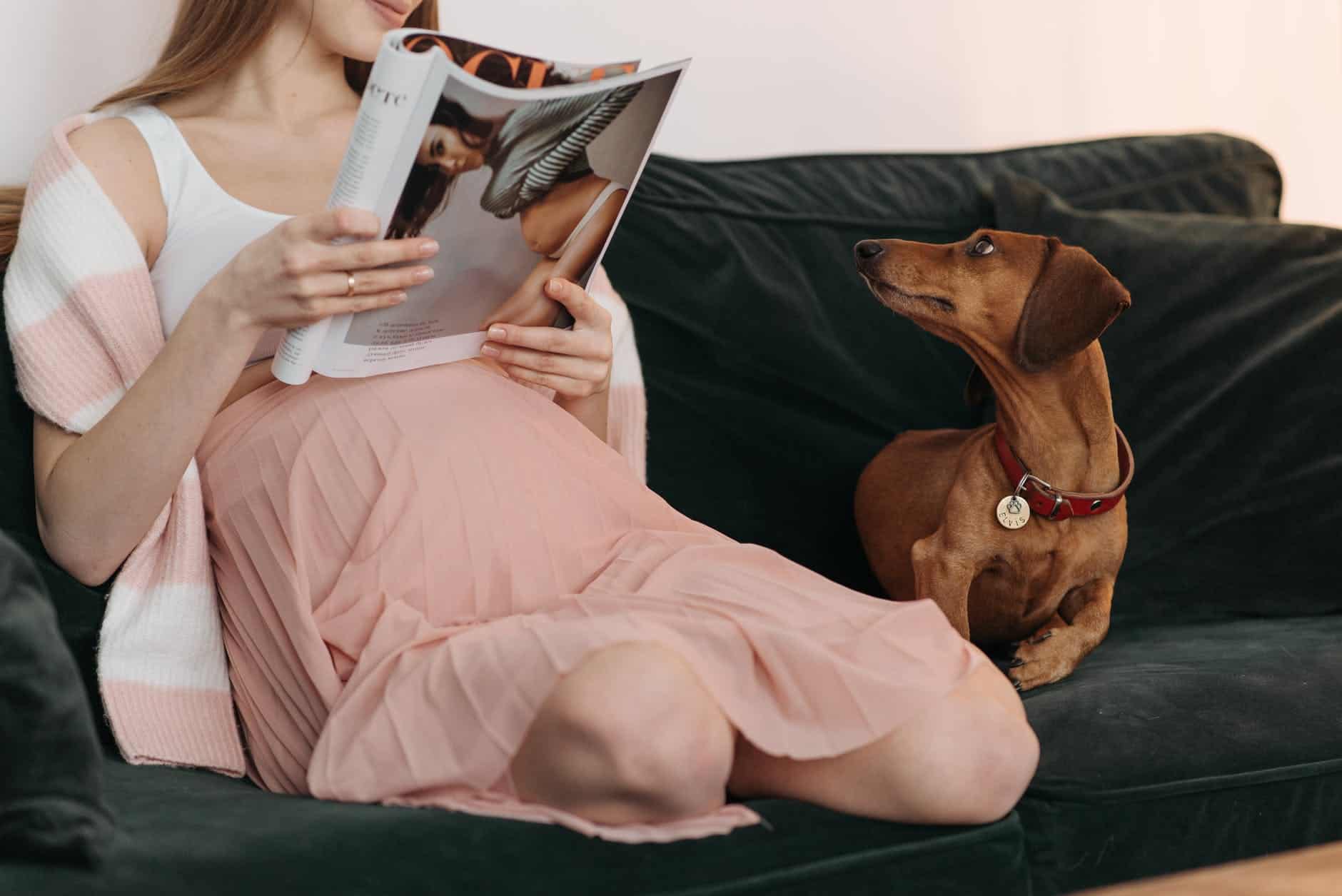 a pregnant woman relaxing in the sofa with their pet dog
