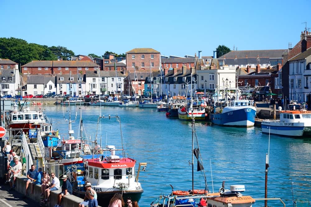 Elevated view of the harbour, Weymouth, Dorset, England, UK, Western Europe.