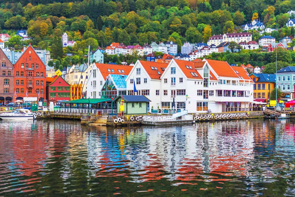 Scenic summer panorama of the Old Town pier architecture of Bryggen in Bergen, Norway