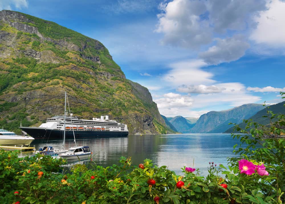 Landscape with cruise ship at Sognefjord in Norway