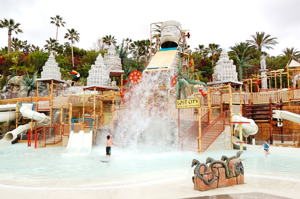 The kids playing in water attractions in Siam waterpark in Tenerife, Spain. The Siam is the largest water theme park in Europe.