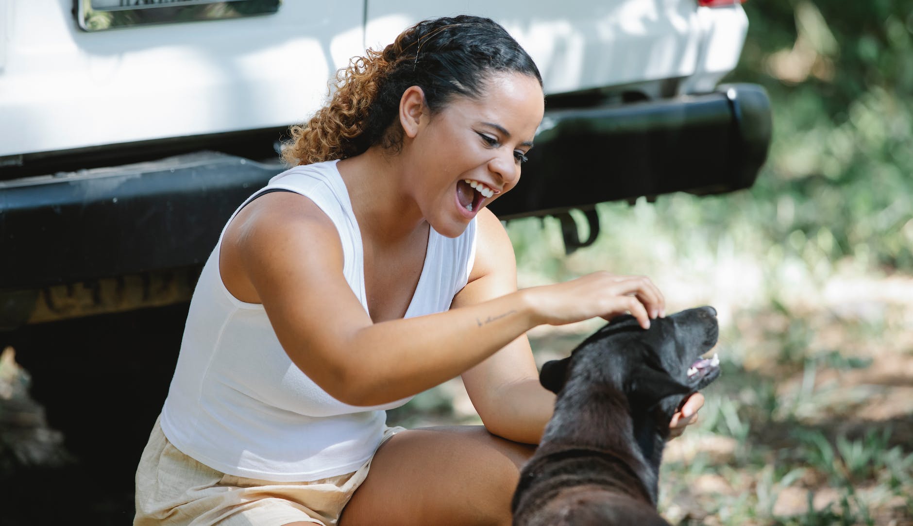 delighted young ethnic woman stroking dog in nature