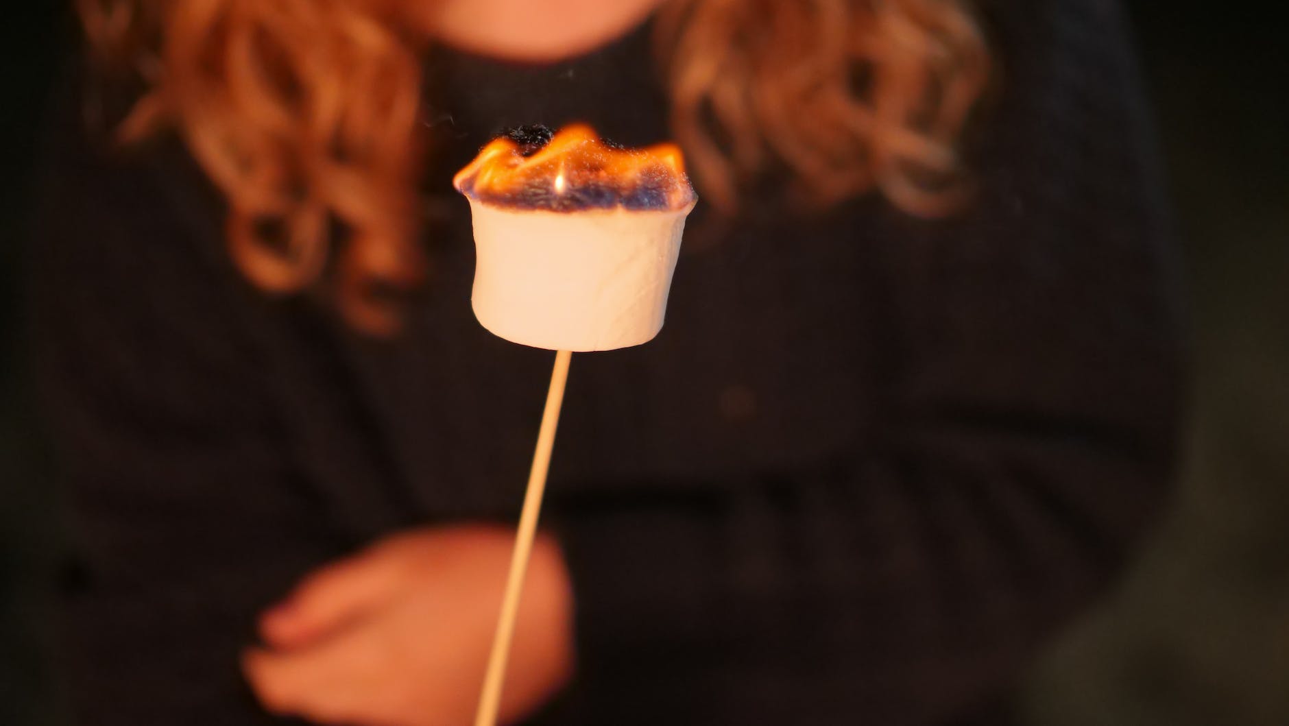 person holding marshmallow on stick with fire