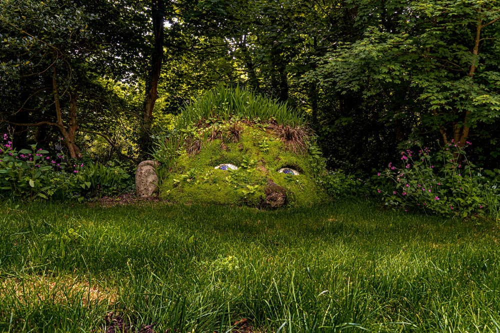 Head designed with plants in the Lost Gardens of Heligan in Cornwall near Mevagissey, one of the most popular botanical gardens in the UK, England, United Kingdom, Great Britain