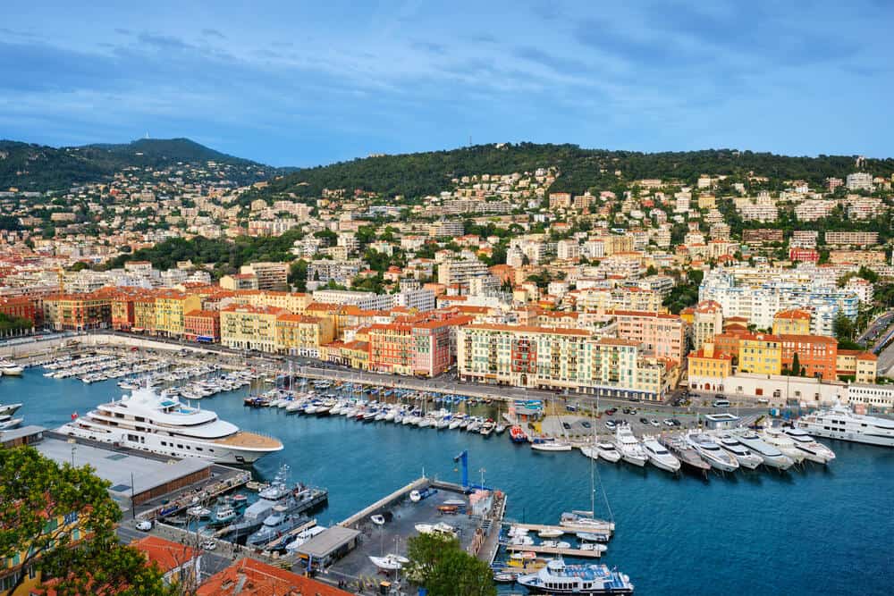 View of Old Port of Nice with luxury yacht boats from Castle Hill, France, Villefranche-sur-Mer, Nice, Cote d'Azur, French Riviera