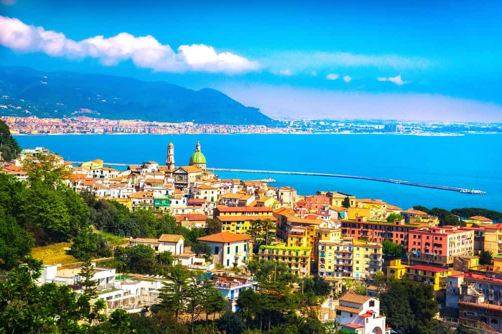 Vietri sul Mare and Salerno town in Amalfi coast, panoramic view. Campania Italy, Europe