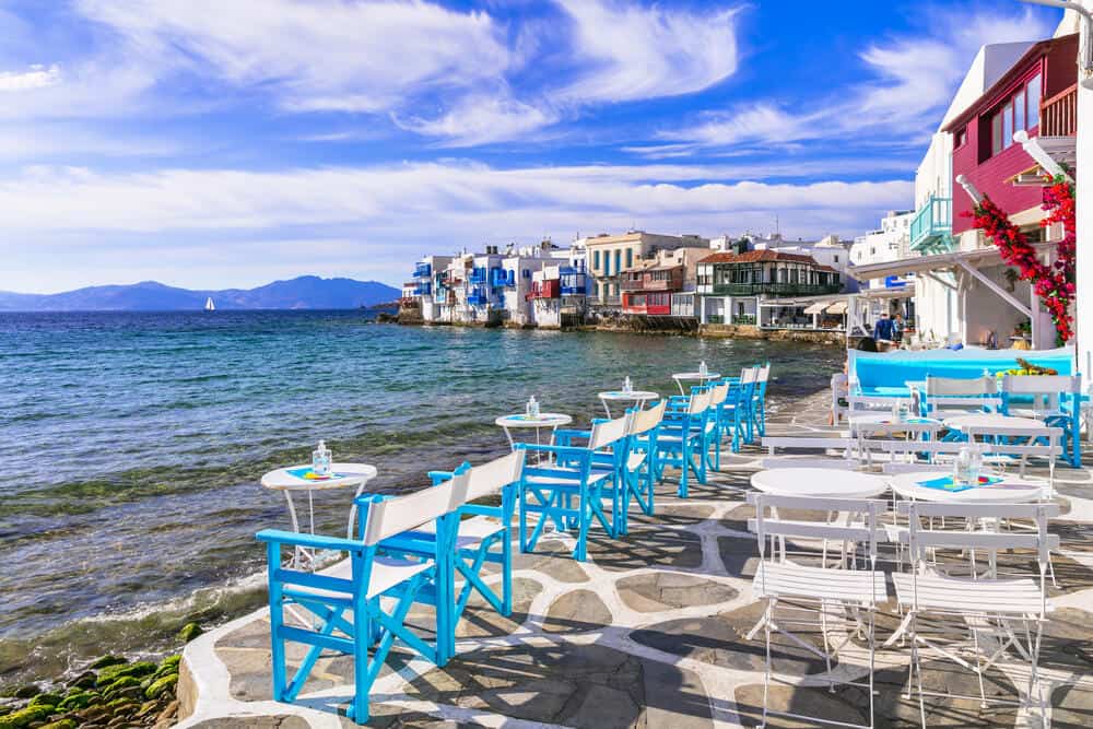 Mykonos island,Cyclades. Greece summer holidays. Bars by the sea in famous popular place "Little Venice".