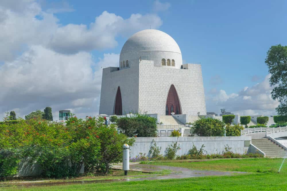 Picture of mausoleum of Quaid-e-Azam in bright sunny day, also known as mazar-e-quaid, famous landmark of Karachi Pakistan and tourist attraction of Pakistan.