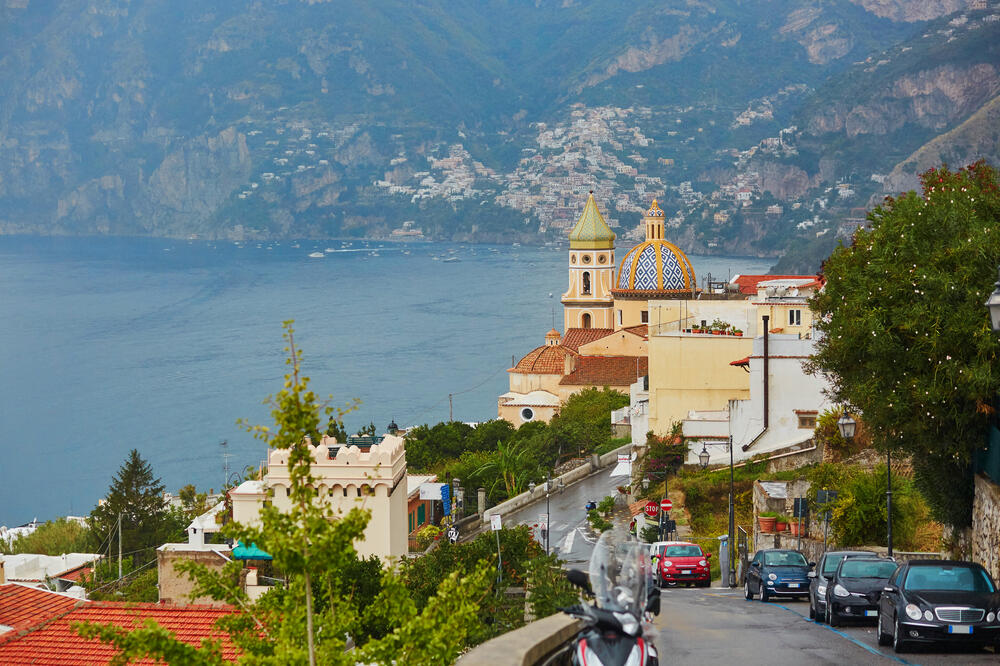 Scenic view of Praiano, beautiful Mediterranean village on Amalfi Coast (Costiera Amalfitana) in Campania, Italy