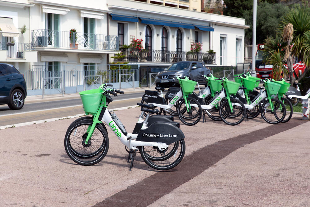 Nice, France - A row of Lime bikes