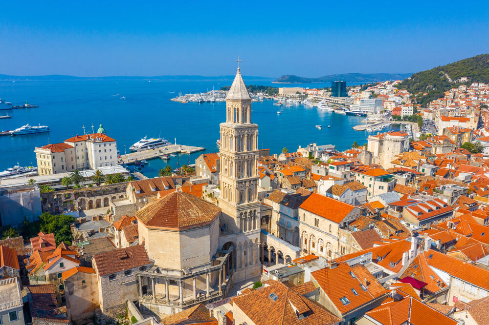 Aerial view of Split, Croatia, featuring Diocletian’s Palace and the vibrant harbor—ideal for a family holiday combining culture, history, and coastal fun