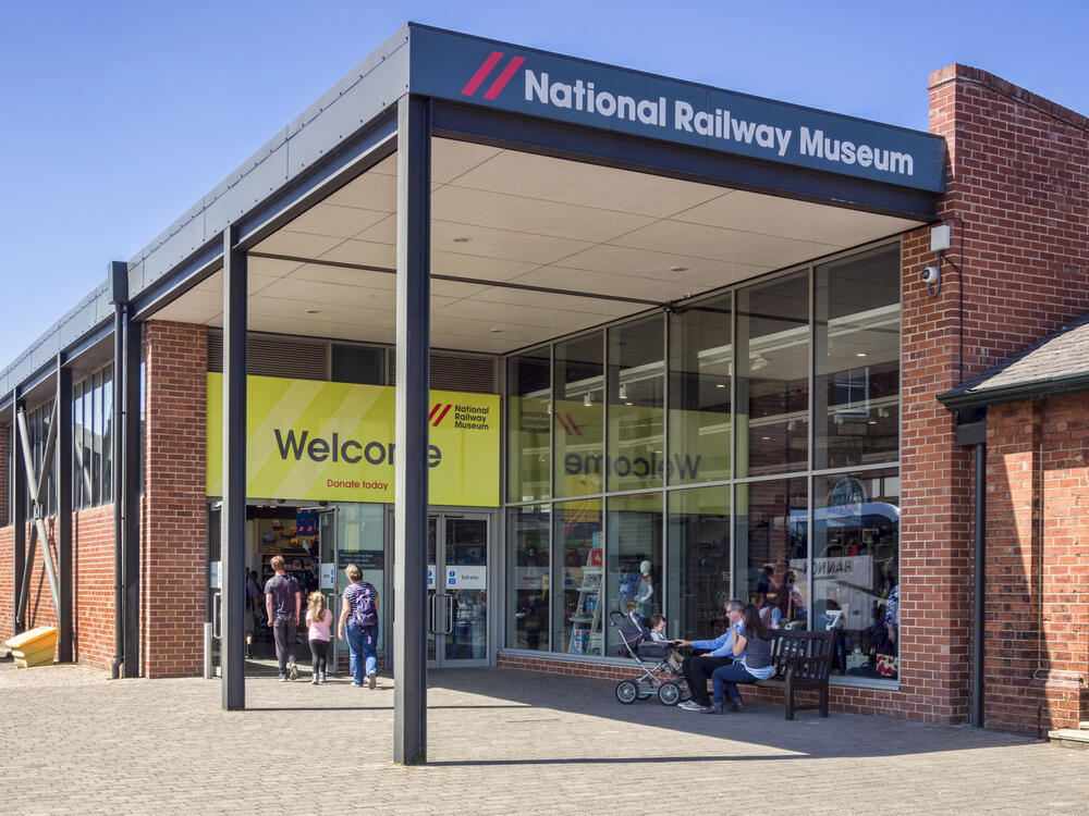 Family entering the National Railway Museum, York
